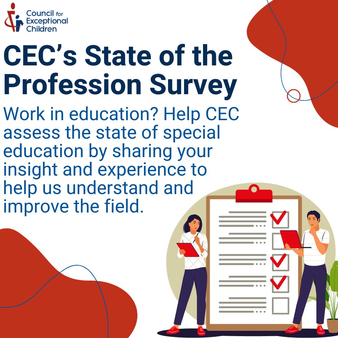CECMembership's tweet photo. CEC is conducting a survey on the state of special education to help us create our third State of the Profession Survey Report. Share your insights to help CEC understand and improve the field, and be entered in a drawing for a $50 gift card.

https://t.co/cQvb4tHxEx https://t.co/drMjbzXzGm