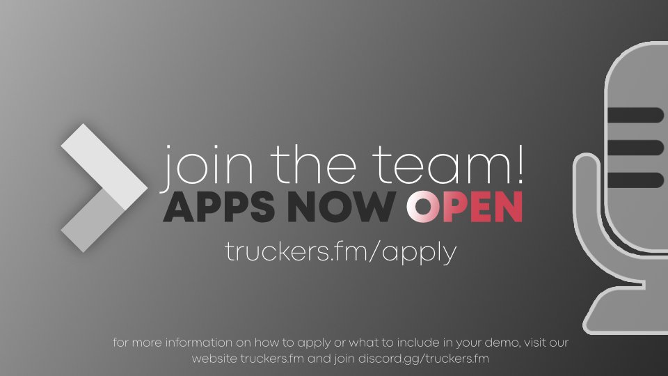 Did you hear that TruckersFM Presenter Applications are now open!

This is your chance to join our team as a presenter and get behind behind the microphone🎙️

Applications will be open until all our positions are filled. We will announce 1 week before the closing date.