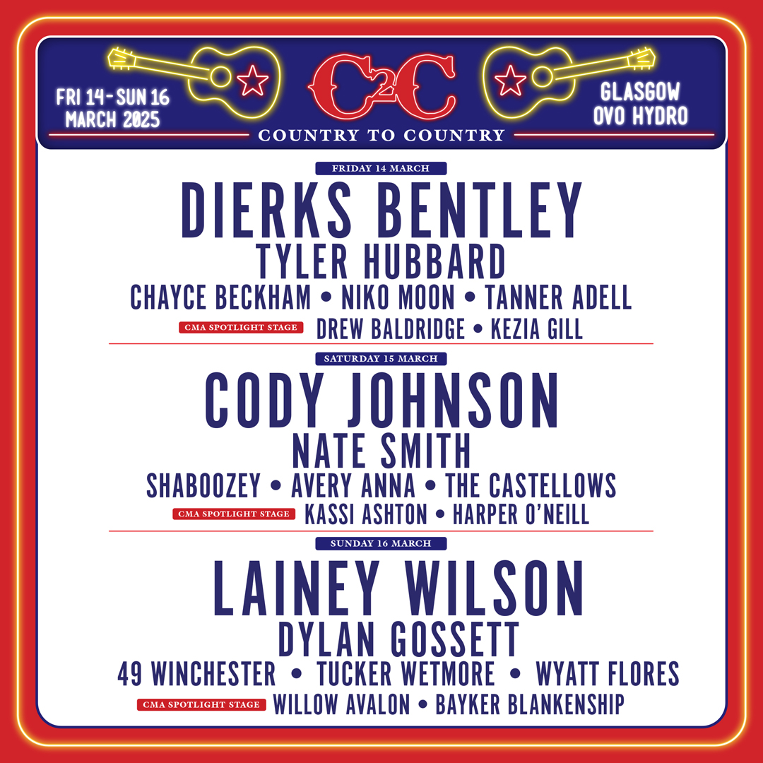 Your CMA Spotlight Stage acts are here! 🤩

Very limited tickets remain for Glasgow...

Get yours now - gigss.co/c2c-2025