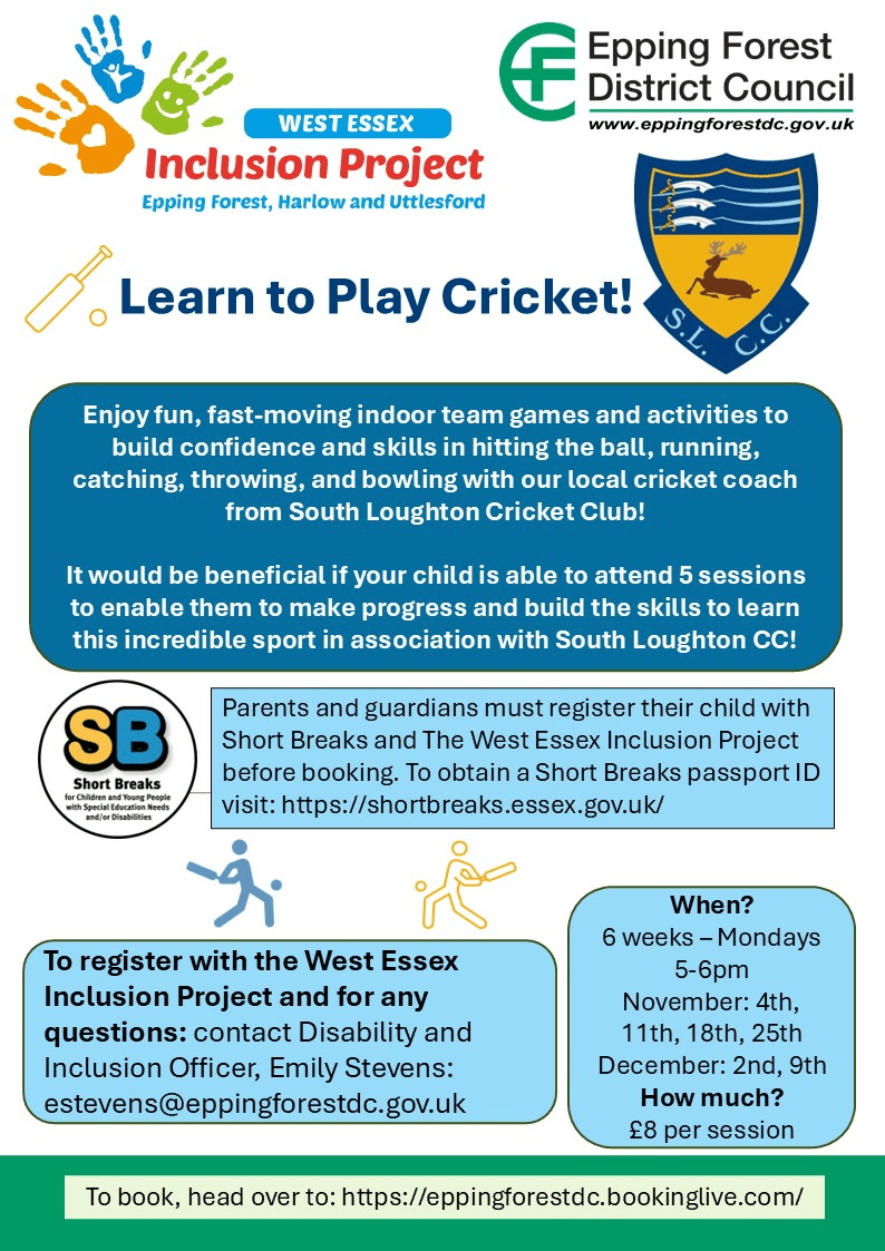 T Rippon Mid-Essex Cricket League (@midessexcricket) on Twitter photo The West Essex Inclusion Project at <a href="/eppingforestdc/">Epping Forest DC</a> and <a href="/southloughtoncc/">South Loughton CC</a> are running a learn to play cricket course for young people this autumn. Details on the poster! <a href="/EssexCCB/">Essex Cricket in the Community</a> <a href="/LoughtonRA/">Loughton Residents Association</a> <a href="/eefnews/">Everything Epping Forest</a> <a href="/EppingTown/">Epping Town Council</a> <a href="/ongar_town/">Ongar Town Council</a> <a href="/EssexLguCricket/">Essex League Cricket</a> The West Essex Inclusion Project at <a href="/eppingforestdc/">Epping Forest DC</a> and <a href="/southloughtoncc/">South Loughton CC</a> are running a learn to play cricket course for young people this autumn. Details on the poster! <a href="/EssexCCB/">Essex Cricket in the Community</a> <a href="/LoughtonRA/">Loughton Residents Association</a> <a href="/eefnews/">Everything Epping Forest</a> <a href="/EppingTown/">Epping Town Council</a> <a href="/ongar_town/">Ongar Town Council</a> <a href="/EssexLguCricket/">Essex League Cricket</a>