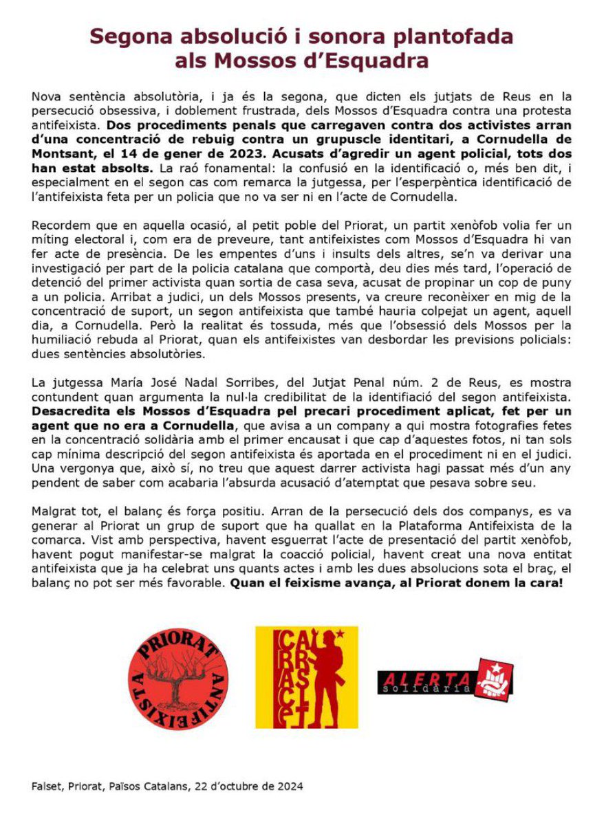 ⚠️ Nova absolució per a un antifeixista del Priorat ✊🏽

La plataforma <a href="/AntifaPriorat/">Ass. Antifeixista del Priorat</a> obté una sentència absolutòria amb clatellada als <a href="/mossos/">Mossos</a> per la imputació esperpèntica del company a qui acusaven de colpejar un policia.

Que no ens aturin! Visca la LLUITA ANTIFEIXISTA ✊🏽