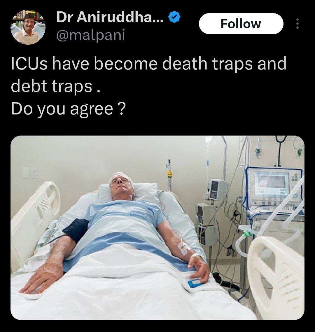 cspramesh's tweet photo. This is such a terrible take. I understand the need for engagement farming, but this is just spreading disinformation and just plain harmful for the sake of a few likes and RTs. The ICUs I've worked in have saved hundreds of thousands of lives. #MEDTwitter https://t.co/cXoEkl4byF
