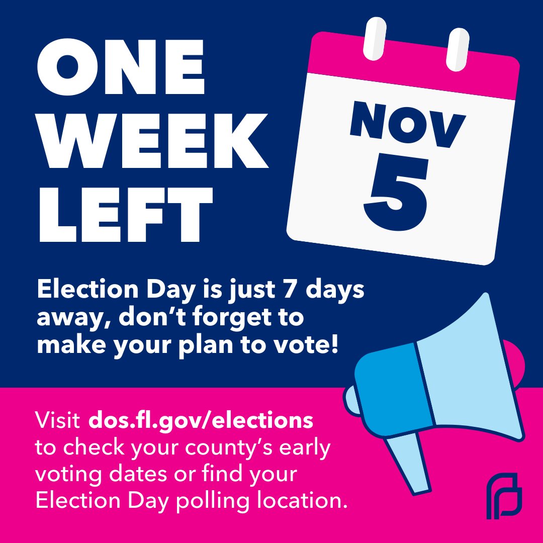 There's just ONE WEEK LEFT until Election Day! Don't forget to make your plan to vote, and check in with your friends and family to see if they have theirs.

Visit dos.fl.gov/elections to check your county’s early voting dates or find your Election Day polling location.