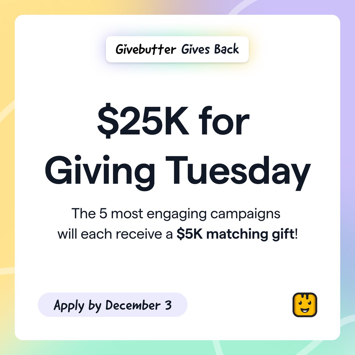 #GivingTuesday is on Dec. 3, which means you’ve got 5 weeks to get your fundraising campaign in tip-top shape! Learn more, submit your campaign, and access all of our Giving Tuesday resources, templates, workshops, and events: givebutter.com/giving-tuesday  #GivingTuesday2024