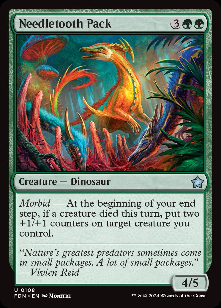 BobbieChristxne's tweet photo. ⭐️ #MTGFoundations Preview Cards (3/3) ⭐️

My last preview card is another green uncommon (so you know it's perfect)!! 

NOT a reprint, Needletooth Pack is brand new to Foundations! And with fight spells at our disposal, paying 5 mana for a now growing 6/7 is just good rates. https://t.co/Qd7A61T6Gl