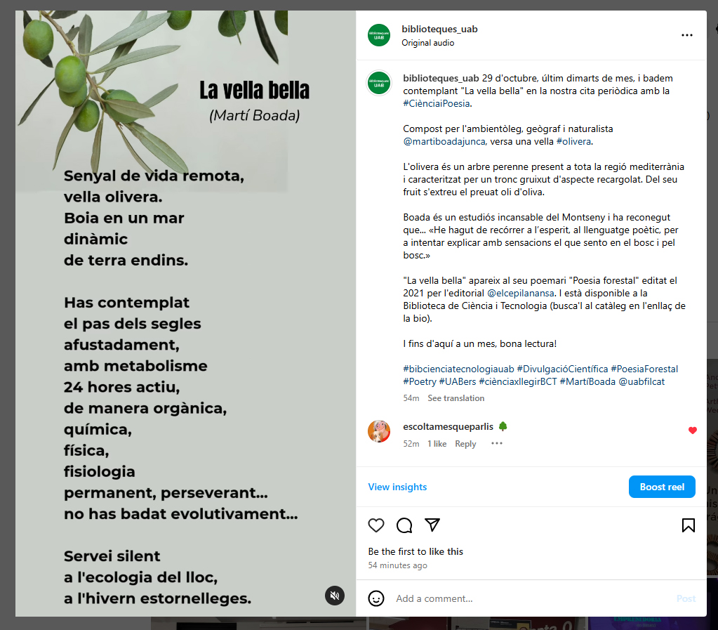 Bctuab's tweet photo. La #CiènciaiPoesia dels dissabtes ara també cada final de mes al compte d'#Instagram de les @bibliotequesUAB. 
I recitada!

A l'octubre: "La vella bella", de @MartiBoada. 
🔗https://t.co/7fBdn6871y

@lauramorron @CristinaSopena1 @Poetria_cat @Magrat_76 @DiesVersos @Pessics https://t.co/SEDBFmHubq