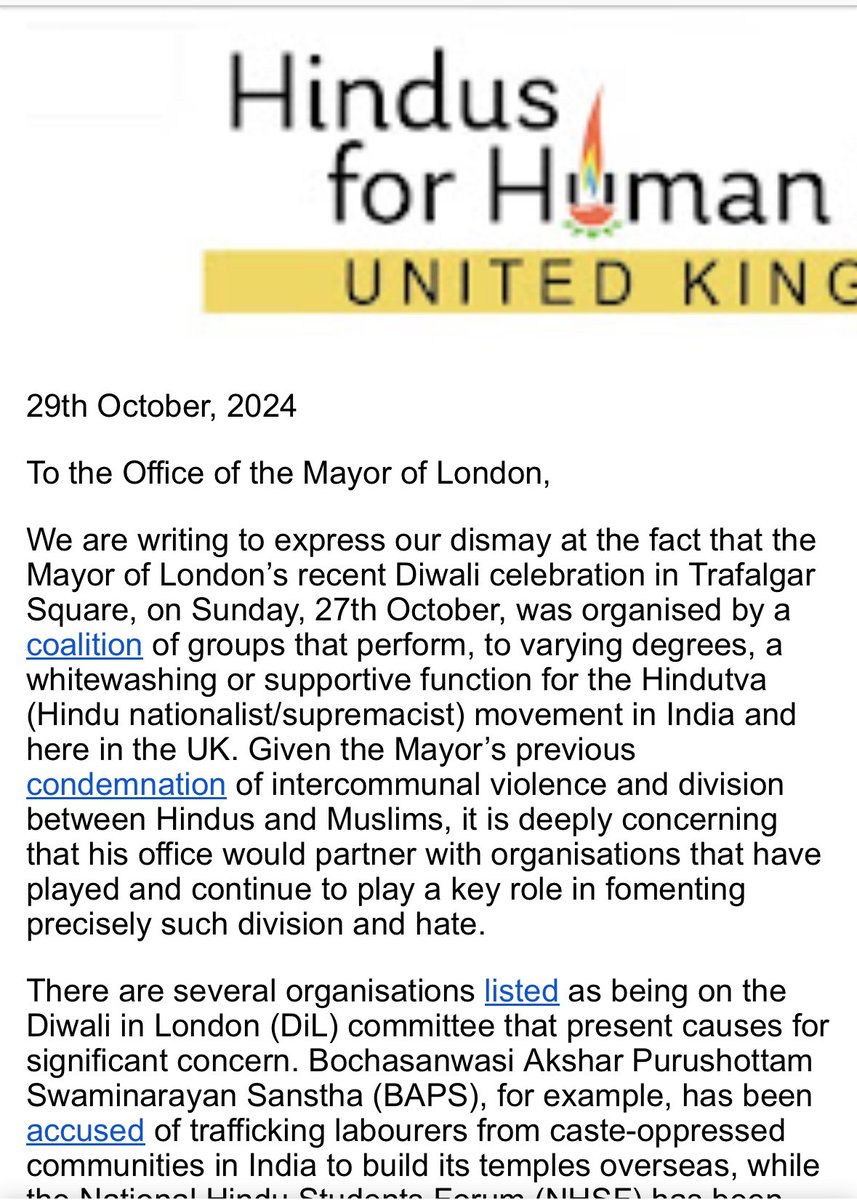 SuhagAShukla's tweet photo. A “Hindu” group calling on the Mayor of London to “cut off all ties” with among the most prominent Hindu institutions in the UK, @BAPS and @ChinmayaMission, because they helped organize a #Diwali program.

That’s right…attacking Hindu Mandirs over #Diwali on #Diwali.
A new low. https://t.co/k2P7gjtY4v