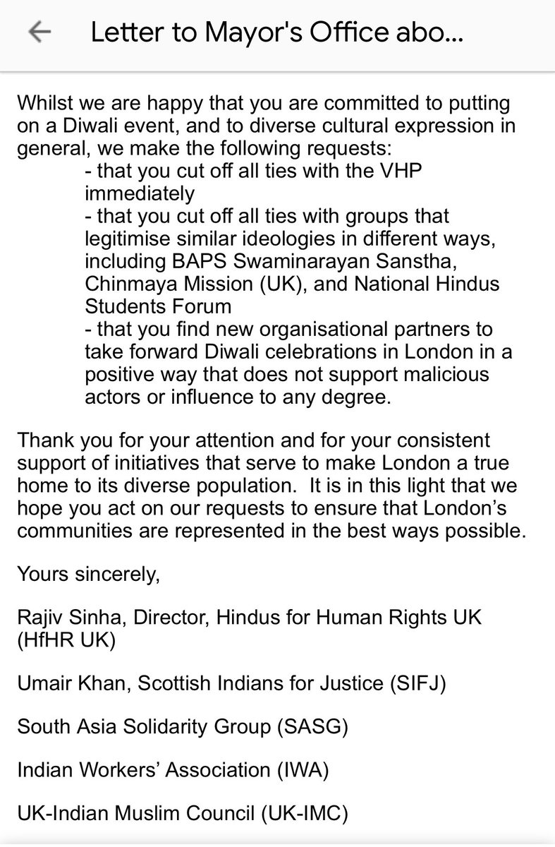 SuhagAShukla's tweet photo. A “Hindu” group calling on the Mayor of London to “cut off all ties” with among the most prominent Hindu institutions in the UK, @BAPS and @ChinmayaMission, because they helped organize a #Diwali program.

That’s right…attacking Hindu Mandirs over #Diwali on #Diwali.
A new low. https://t.co/k2P7gjtY4v