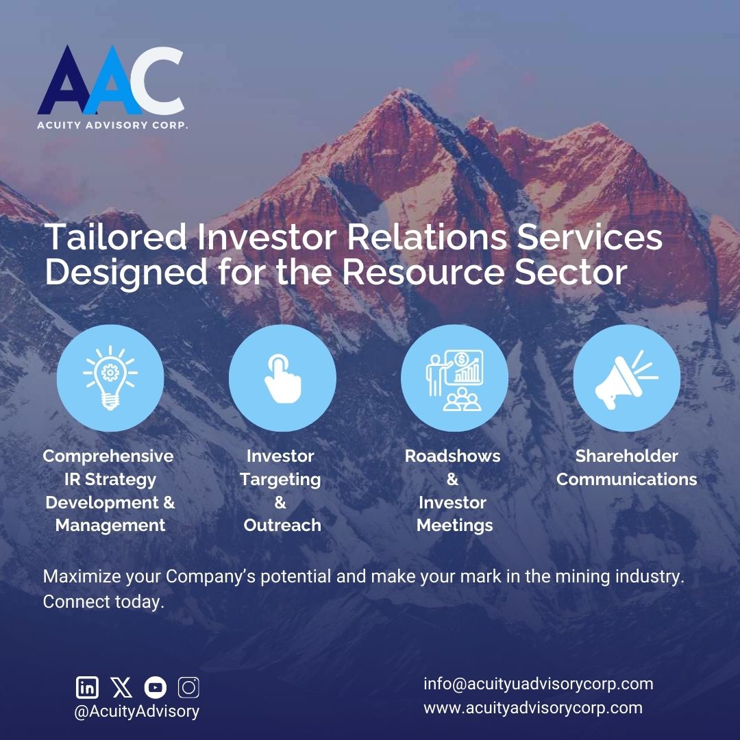 AcuityAdvisory's tweet photo. Boost your mining company’s growth with Acuity’s tailored IR strategies. Connect with investors and build lasting relationships. 

Learn more: https://t.co/Ayf165465N

#MiningIR #InvestorRelations #AcuityAdvisory #MiningIndustry #MineralExploration https://t.co/Fgkcdl1yfK