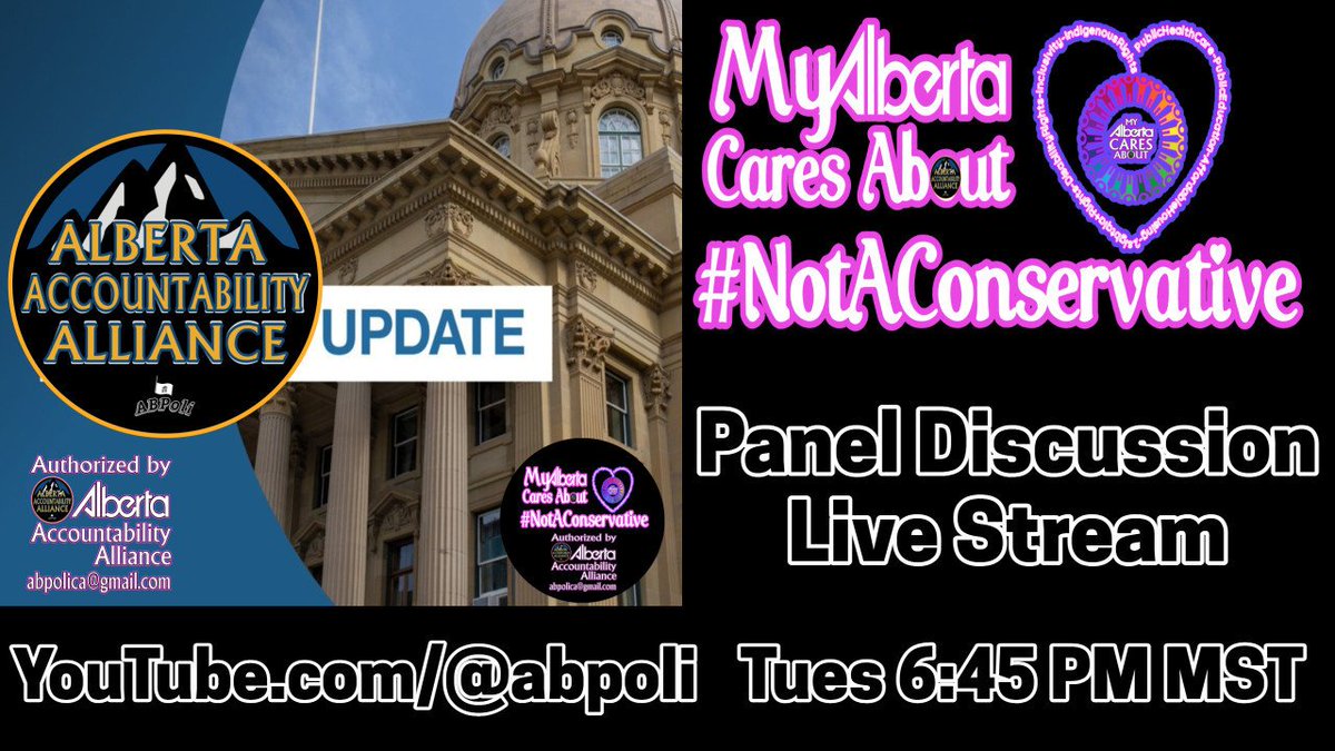 ab_poli's tweet photo. Join the #MyABCares #LiveStream Panel #Tuesday
Tonight at 6:45 PM MST.
As @AdcTruth @glenda_aus @kayce_yeg discuss all things #abpoli #ableg #UCP #ABNDP
And how, unlike others the #aballiance has, is and always will be a #inclusive #nonpartisan #NotAConservative Movement. https://t.co/Ufa3zIEkEz
