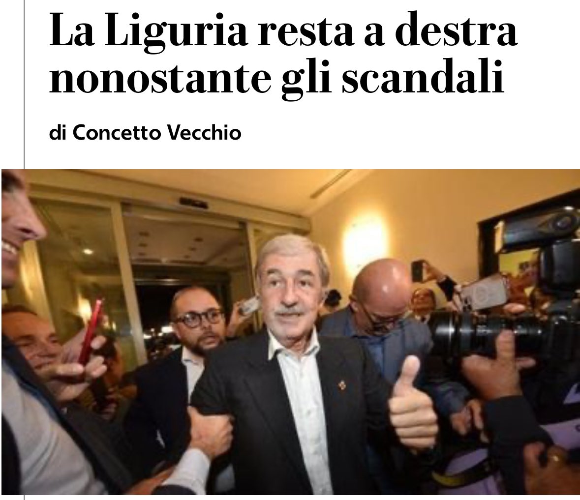 Che pena riconsegnare la propria Regione allo stesso schieramento che l’aveva macchiata di vergogna. È vero, dall’altra parte il nulla, ma almeno non affidare il proprio destino al governo dimissionario per corruzione dimostrerebbe lucidità e capacità di reazione. #Liguria2024