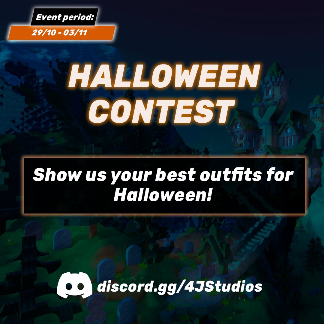 👻 Join our Halloween Outfit Contest to be the best costume designer!

Create the most spooky and creative outfit in any game you would like or draw it, capture a screenshot or short video, and send it to our Discord server 🎃

Don't miss out! discord.gg/4JStudios