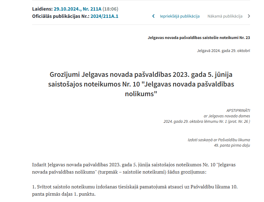 VestnesisLV's tweet photo. Publicēti jauni grozījumi @jelgavasnovads  pašvaldības  saistošajos noteikumos Nr. 10 "Jelgavas novada pašvaldības nolikums".

🔗Oficiālā publikācijā šodienas papildu laidienā Nr. 211A: https://t.co/uK1vqqk2Jb

#SaistošieNoteikumi https://t.co/t7TqtBUxes