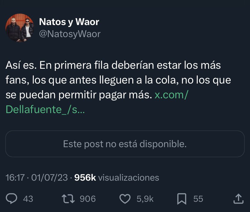 Hace 1 año Natos y Waor estaban totalmente en contra de cobrar más por estar en primera fila.

Hoy, con el anuncio de las entradas para su show especial, ha habilitado una categoría “front stage” más cara por estar en primera fila.

Movimiento absolutamente incoherente