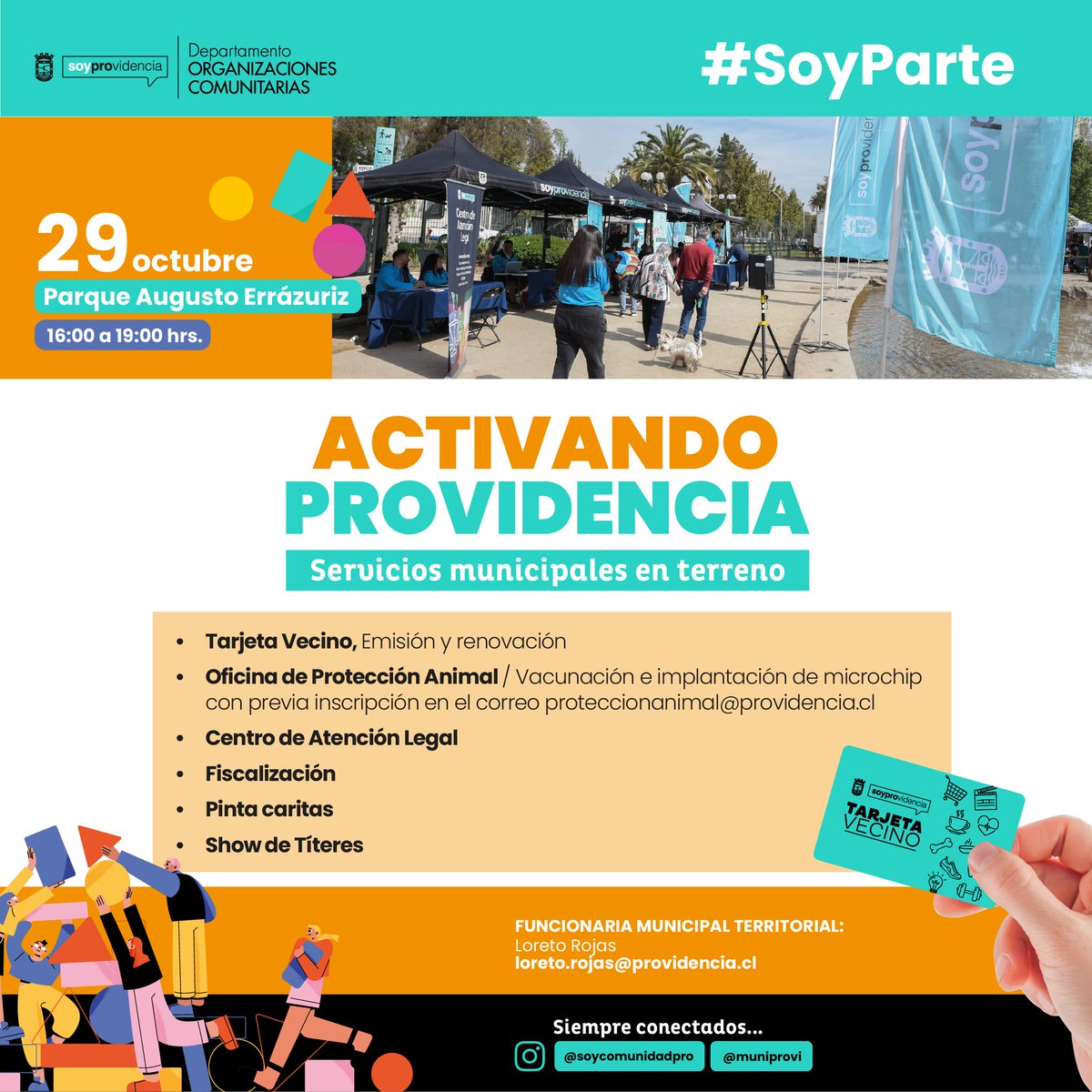 ACTIVANDO PROVIDENCIA💳📌
¡HOY! En Parque Augusto Errázuriz, podrás renovar o solicitar por primera vez tu Tarjeta Vecino, además, podrás acceder a orientación legal y fiscalizadora. ¡También tendremos espacios infantiles! Nos vemos en Pocuro con Tobalaba, de 16:00 a 18:00hrs 📍