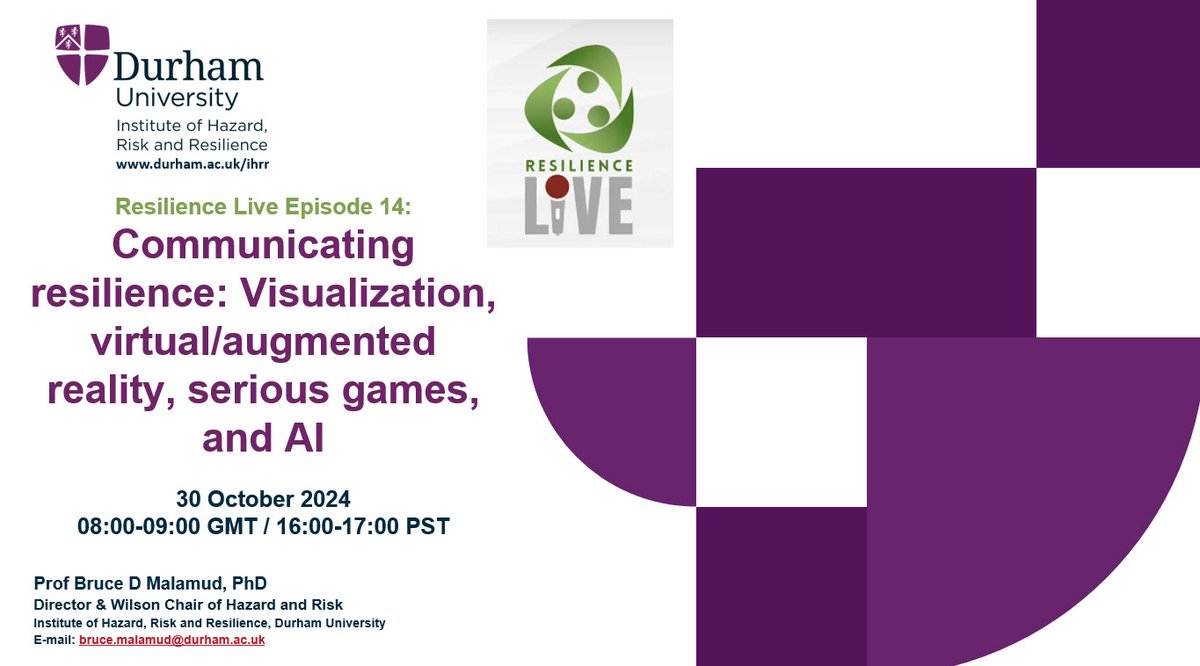 Bruce D Malamud (@brucedmalamud) on Twitter photo My postponed webinar hosted by <a href="/UPResilience/">UP Resilience Institute</a>, the 14th episode of #ResilienceLive, will be on using visualisation, SeriousGames, VR, AR, & AI to better communicate resilience. 30 Oct 2024 08:00-9:00 GMT Register at tinyurl.com/ResilienceLive…. My postponed webinar hosted by <a href="/UPResilience/">UP Resilience Institute</a>, the 14th episode of #ResilienceLive, will be on using visualisation, SeriousGames, VR, AR, & AI to better communicate resilience. 30 Oct 2024 08:00-9:00 GMT Register at tinyurl.com/ResilienceLive….