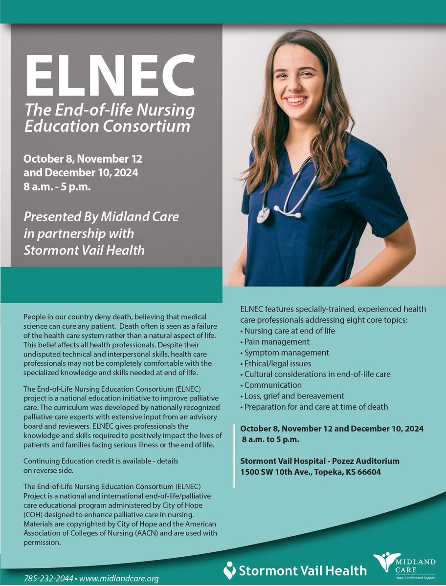 📢 Join us for ELNEC Session 2 with Midland Care &amp; <a href="/StormontVail/">Stormont Vail Health</a>! 🏥 Enhance your end-of-life care skills:

📅 Date: Nov 12
🕗 Time: 8 AM - 5 PM
📍 Location: Stormont Vail, Pozez Auditorium
🍽️ Breakfast snacks and lunch provided
Register here 👉 midlandcare.org/elnec-the-end-…