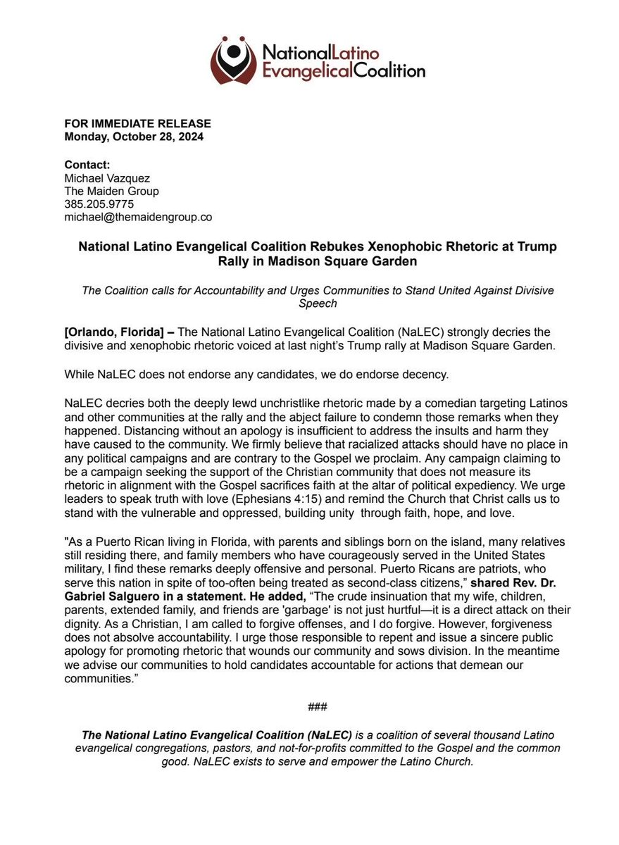 Robert Raben (@robertraben) on Twitter photo A must-read statement from <a href="/NalecNews/">National Latino Evangelical Coalition</a> and <a href="/PastorsSalguero/">Gabriel & Jeanette</a> strongly rebuking the
divisive and xenophobic rhetoric voiced at the Trump rally at Madison Square Garden. A must-read statement from <a href="/NalecNews/">National Latino Evangelical Coalition</a> and <a href="/PastorsSalguero/">Gabriel & Jeanette</a> strongly rebuking the
divisive and xenophobic rhetoric voiced at the Trump rally at Madison Square Garden.
