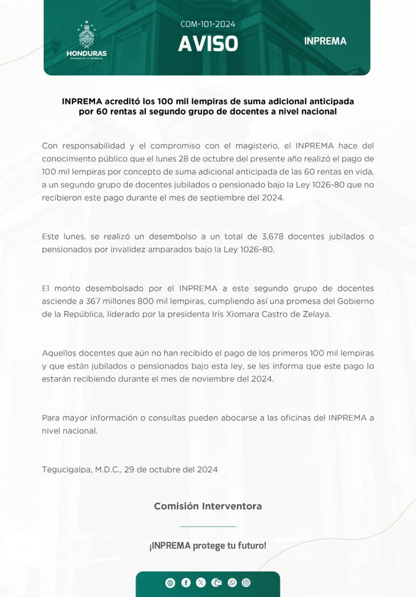 El INPREMA realizó el primer desembolso de las 60 Rentas a un segundo grupo de 3,678 docentes jubilados que reciben en vida este beneficio.