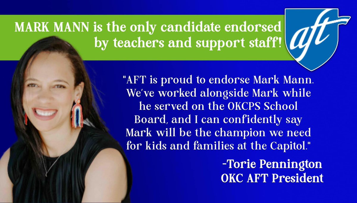 Mark Mann (@senatormarkmann) on Twitter photo "<a href="/okc_aft/">Oklahoma City AFT</a> is proud to endorse Mark Mann. We've worked alongside Mark while he served on the OKCPS School Board, and I can confidently say Mark will be the champion we need for kids and families at the Capitol."
-Torie Pennington OKC AFT President "<a href="/okc_aft/">Oklahoma City AFT</a> is proud to endorse Mark Mann. We've worked alongside Mark while he served on the OKCPS School Board, and I can confidently say Mark will be the champion we need for kids and families at the Capitol."
-Torie Pennington OKC AFT President