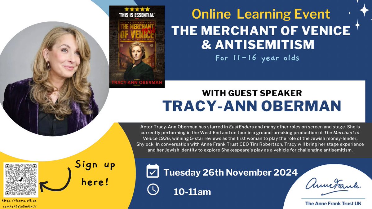 AnneFrankTrust's tweet photo. The Merchant of Venice &amp; Antisemitism with Actor @TracyAnnO

💻Join us online for this free event with the star of the ground-breaking production of ‘The Merchant of Venice 1936’ and how it is used as a vehicle to challenge prejudice.

🌟Register here: 

https://t.co/MMpVfQY6yh https://t.co/9jyez4mpV6