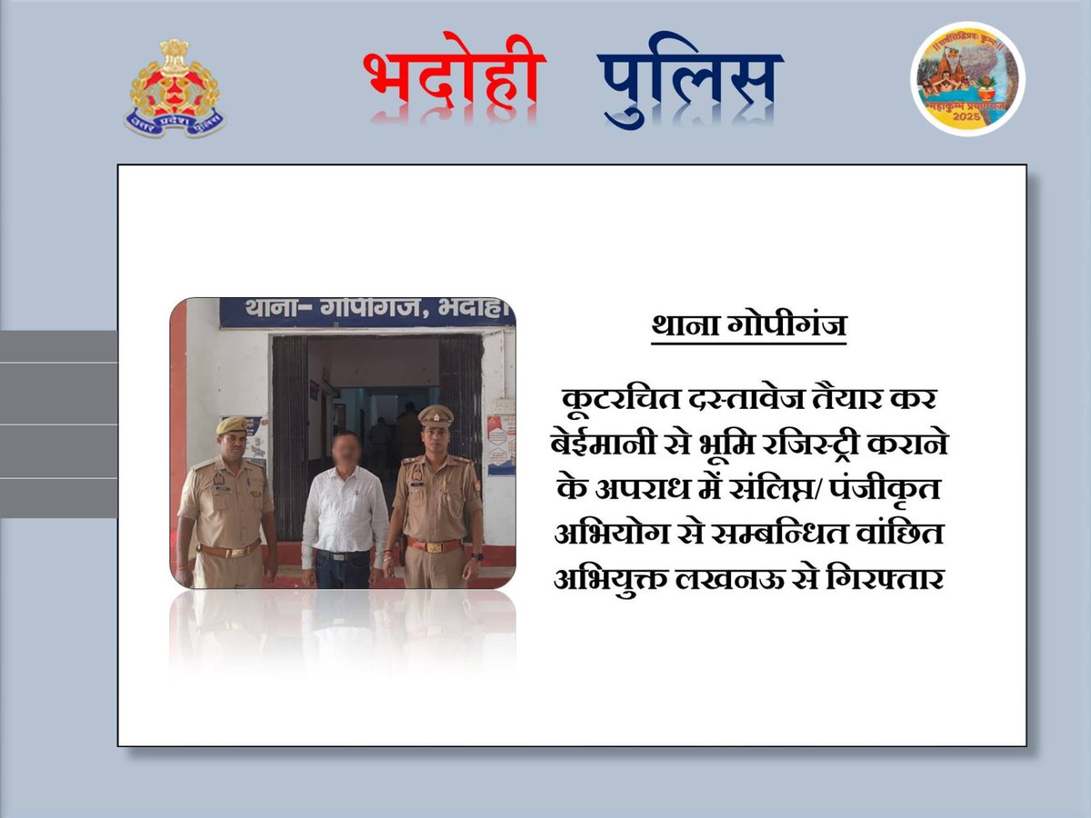 bhadohipolice's tweet photo. थाना गोपीगंज क्षेत्र अंतर्गत कूटरचित दस्तावेज तैयार कर बेईमानी से भूमि रजिस्ट्री कराने के अपराध में संलिप्त/ पंजीकृत अभियोग से सम्बन्धित वांछित अभियुक्त लखनऊ से गिरफ्तार
@Uppolice @adgzonevaranasi @digmirzapur https://t.co/G5w8NAv1kf