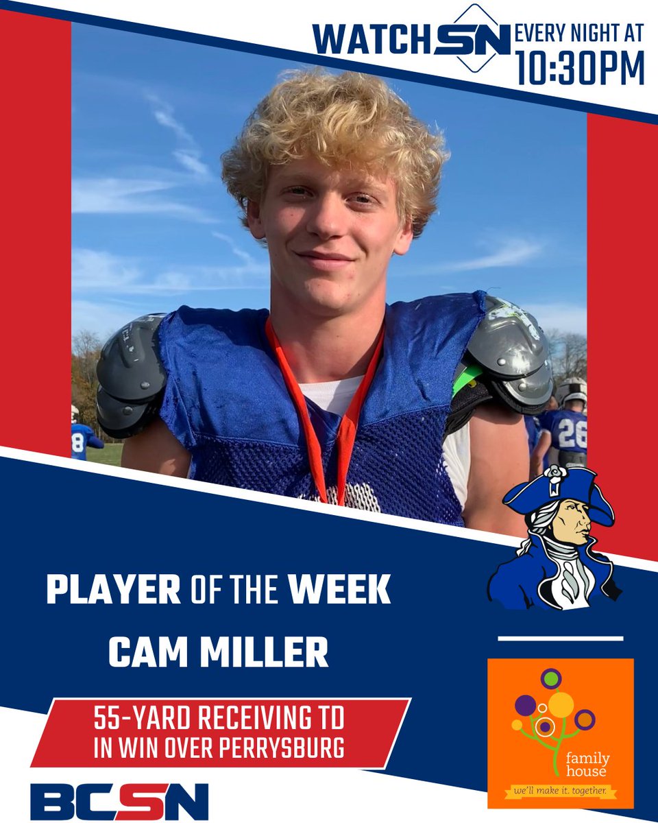 BCSN (@bcsnsports) on Twitter photo The Week 🔟 <a href="/FamilyHouseTol/">Family House Toledo</a> Player of the Week takes us to Anthony Wayne for Cam Miller! The Junior scored a 55-yard TD to help clinch an NLL Buckeye title and 10-0 season for the Generals against Perrysburg. 🏈
<a href="/AWHSFootball/">AWHS Football</a> The Week 🔟 <a href="/FamilyHouseTol/">Family House Toledo</a> Player of the Week takes us to Anthony Wayne for Cam Miller! The Junior scored a 55-yard TD to help clinch an NLL Buckeye title and 10-0 season for the Generals against Perrysburg. 🏈
<a href="/AWHSFootball/">AWHS Football</a>