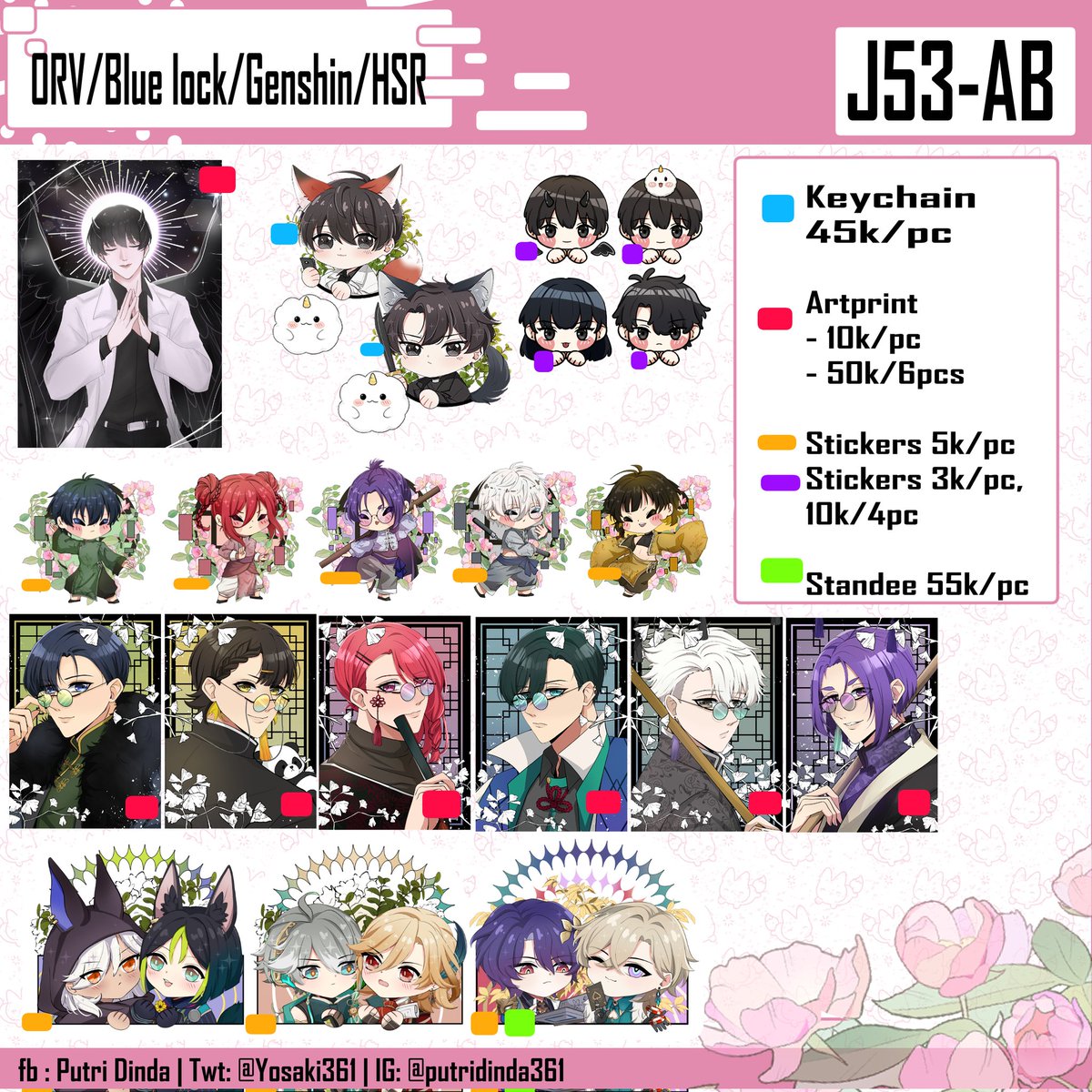 Ready stock Catalogue for comifuro!
J53-AB (cow-poration) 
Fandom : 
- Alien stage
- windbreaker
- ORG
- Blue Lock
- Genshin
- HSR
Untuk paper based merch, stoknya lumayan, tapi untuk akrilik2an, limited stock yaa (max 3-4 pcs aja per desain) 
#comifurof19catalogue #CF19 #ALNST