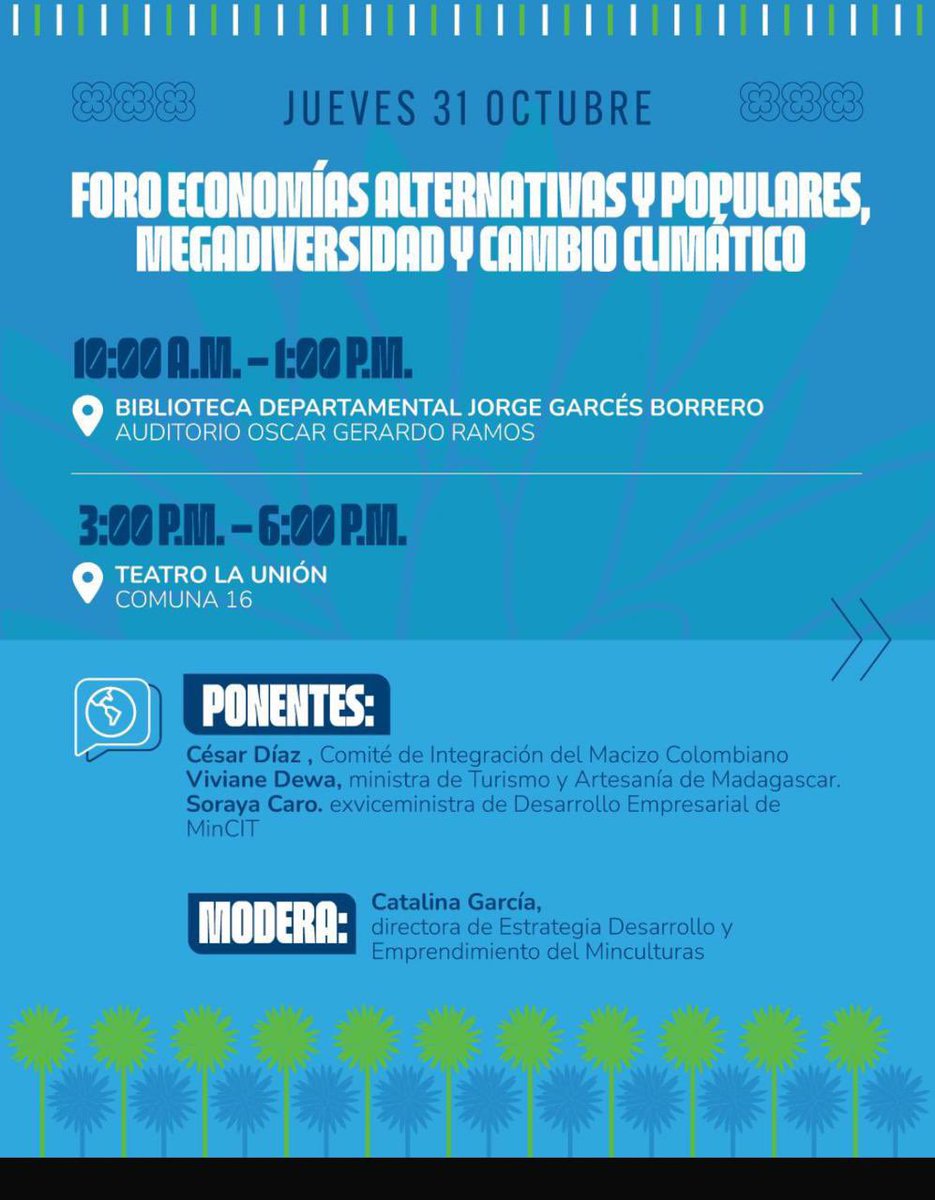 FIGRIExternado's tweet photo. 🌿 #COP16 - La profesora Soraya Caro, es invitada este jueves 31 de octubre por el Ministerio de Cultura, al Foro: Economías alternativas y populares, megadiversidad y cambio climático, para discutir sobre negocios verdes y alternativas productivas y populares.🍃@CESICAMINDIA https://t.co/4LoeKQEKJU
