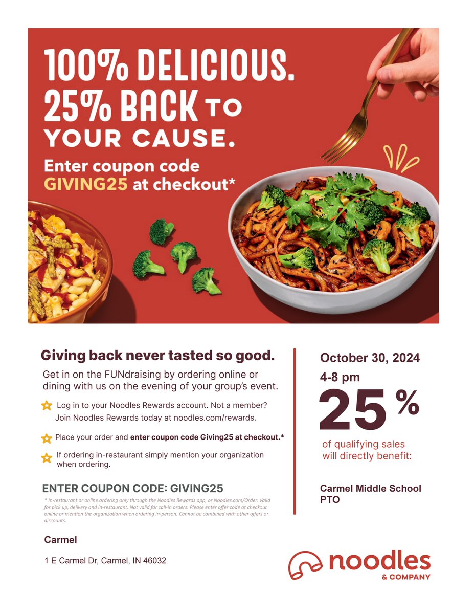 Dinner Plans for Wednesday: Noodles &amp; Co! Wednesday from 4-8pm is Dine to Donate at Noodles and Co for Carmel Middle, Don't forget to enter the code at checkout: GIVING25, or just mention Carmel Middle PTO when ordering in store!