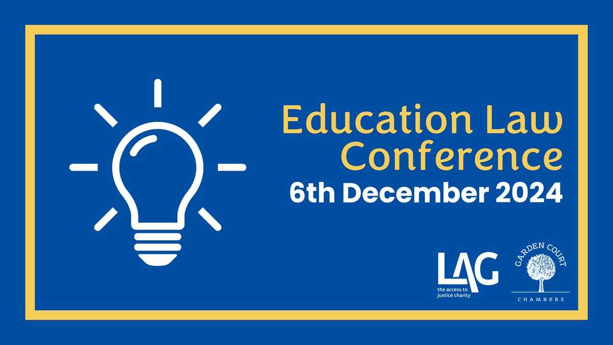 Legal Action Group (@legalactiongrp) on Twitter photo 🗓️Save the date for our Education Law Conference with <a href="/gardencourtlaw/">Garden Court Chambers</a>! There’ll be updates on key cases from the past year, panels on SEND duties, and breakouts on school exclusion, disability discrimination, and more!
Early bird booking available at 👉lag.org.uk/events 🗓️Save the date for our Education Law Conference with <a href="/gardencourtlaw/">Garden Court Chambers</a>! There’ll be updates on key cases from the past year, panels on SEND duties, and breakouts on school exclusion, disability discrimination, and more!
Early bird booking available at 👉lag.org.uk/events