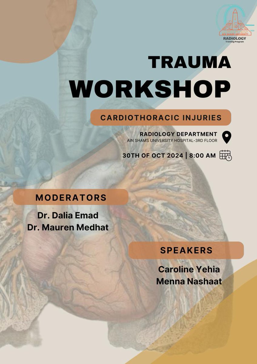 asunirad's tweet photo. Trauma workshop will be held in the grand meeting Tomorrow (30/10) ; it will discuss the most common cardiothoracic traumas and the most important radiological findings in them. https://t.co/qO9QI1NLUA