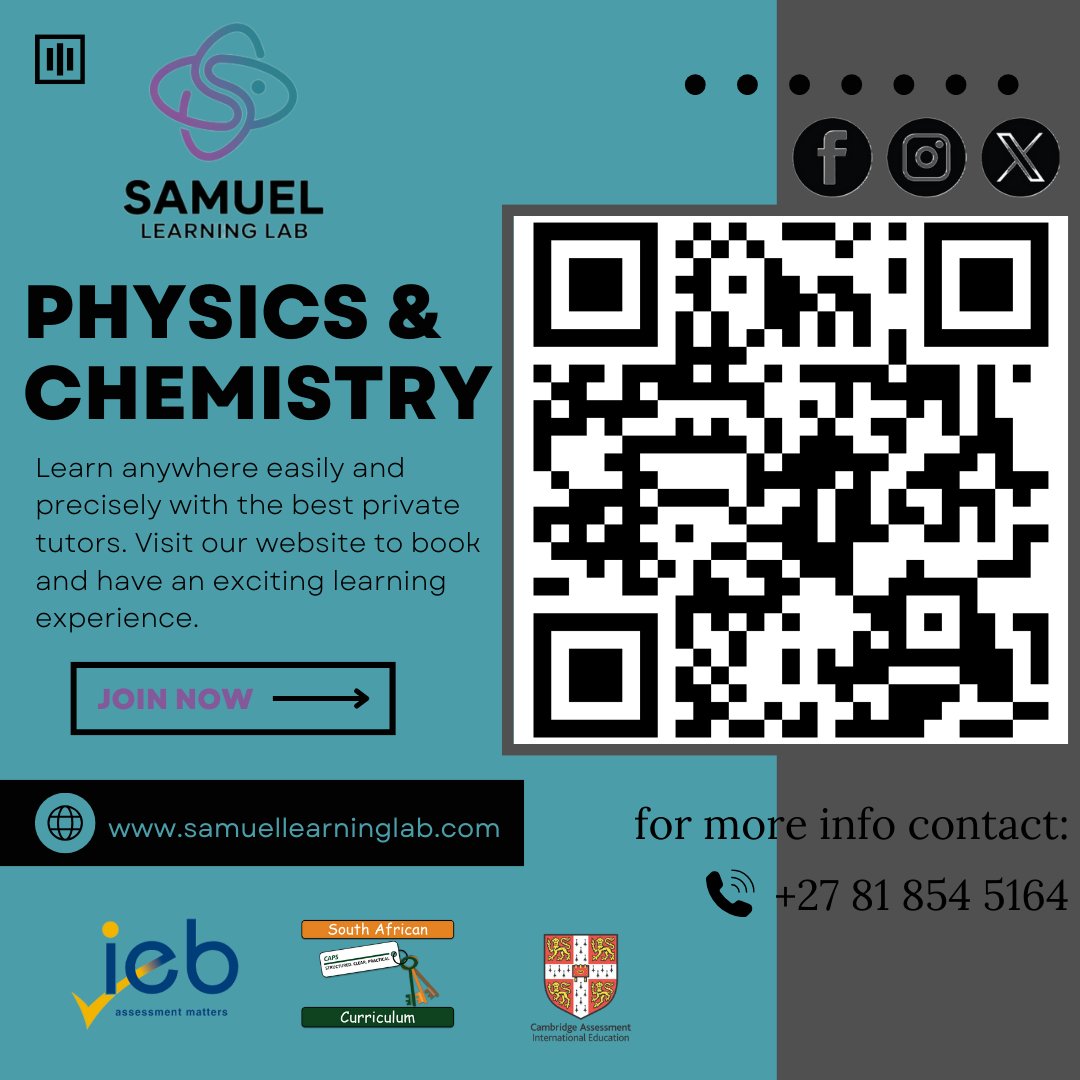 Samlearninglab's tweet image. Need help with CIE Physics or CAPS/IEB Physical Sciences? 🎓 Our experienced tutors are here to guide you. Visit our website now to learn more and book a session #ALevelPhysics #igcsephysics  #Cambridge  #Tutoring #SamuelLearningLab #Education #StudyTips #ExamPreparation #IEB