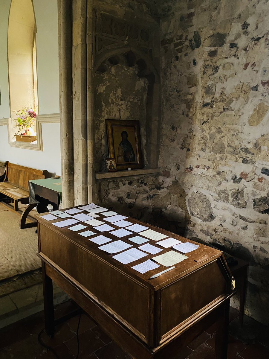 From Woodbridge to Iken (Icanho) where Botolph, the athlete of Christ, did battle with demons in the 7th century. He has a makeshift shrine where people leave prayers on top of an old electric organ