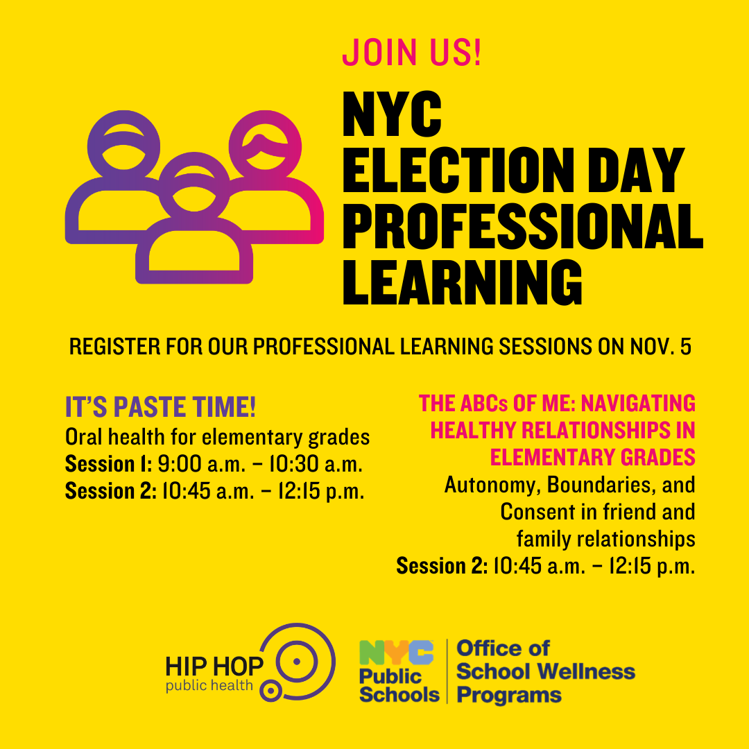 Hip Hop Public Health (@hhphorg) on Twitter photo We're offering multiple FREE professional learning opportunities in partnership with <a href="/NYCSchools/">NYC Public Schools</a>' Office of School Wellness Program on Tuesday, Nov. 5! These virtual workshops are open to NYC public school teachers. Register: sites.google.com/view/school-we… We're offering multiple FREE professional learning opportunities in partnership with <a href="/NYCSchools/">NYC Public Schools</a>' Office of School Wellness Program on Tuesday, Nov. 5! These virtual workshops are open to NYC public school teachers. Register: sites.google.com/view/school-we…