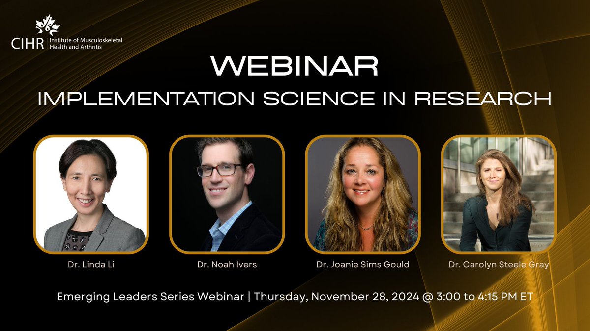 Calling all members of the research team who want to learn more about #ImplementationScience!

Join us for CIHR-IMHA’s Emerging Leaders Implementation Science in Research Webinar on November 28, 2024 from 3 to 4:15 pm ET.

👉More info and register here: cihr-irsc.gc.ca/e/53999.html#2