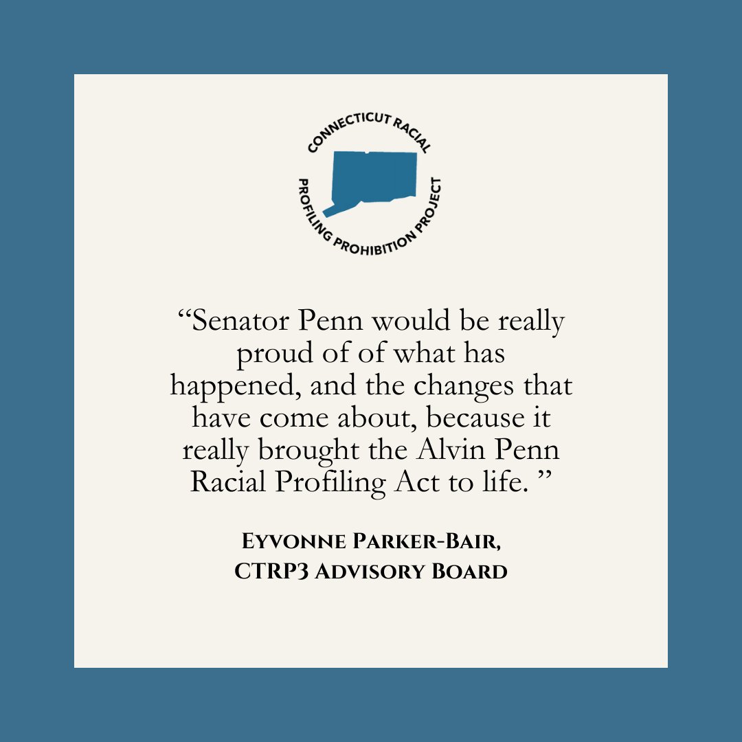 Connecticut Racial Profiling Prohibition Project (@ctrp_3) on Twitter photo The Alvin W. Penn Racial Profiling Act is vital to the CTRP3's mission.
Eyvonne Parker-Bair recently reflected on Senator Penn's legacy and the progress the CTRP3 has made.
Visit our website ctrp3.org
<a href="/IMRP/">UConn IMRP</a> <a href="/UConnSPP/">UConn School of Public Policy</a>
#CTRP3 #RacialProfiling #IMRP #PublicPolicy The Alvin W. Penn Racial Profiling Act is vital to the CTRP3's mission.
Eyvonne Parker-Bair recently reflected on Senator Penn's legacy and the progress the CTRP3 has made.
Visit our website ctrp3.org
<a href="/IMRP/">UConn IMRP</a> <a href="/UConnSPP/">UConn School of Public Policy</a>
#CTRP3 #RacialProfiling #IMRP #PublicPolicy