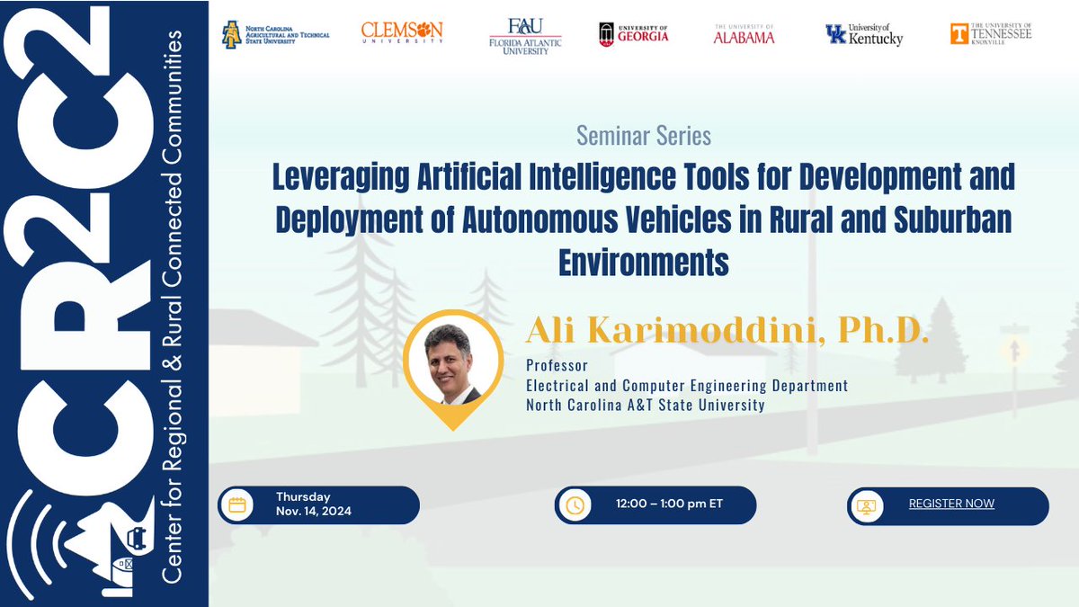 🚘 AI &amp; Autonomous Vehicles for Rural Roads
🗓️ Nov 14, 12-1 PM ET

Dr. Ali Karimoddini from <a href="/ncatsuaggies/">North Carolina A&T</a> shares insights on AI-driven AV tech for rural/suburban communities. #Transportation #USDOT #AmazingUTCs #RuralTransportation

🔗 Registration Link: shorturl.at/ah6Tt