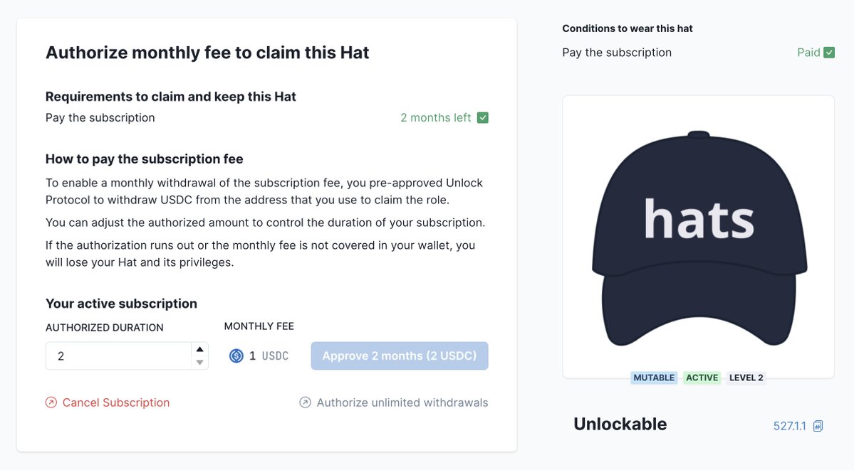 Unlock Protocol has integrated with @HatsProtocol🧢! You can now assign roles and permissions through membership NFTs, using any ERC20 token you prefer.

🪪 Upon acquiring a membership, individuals immediately gain all the role-specific permissions, like access to workspaces,
