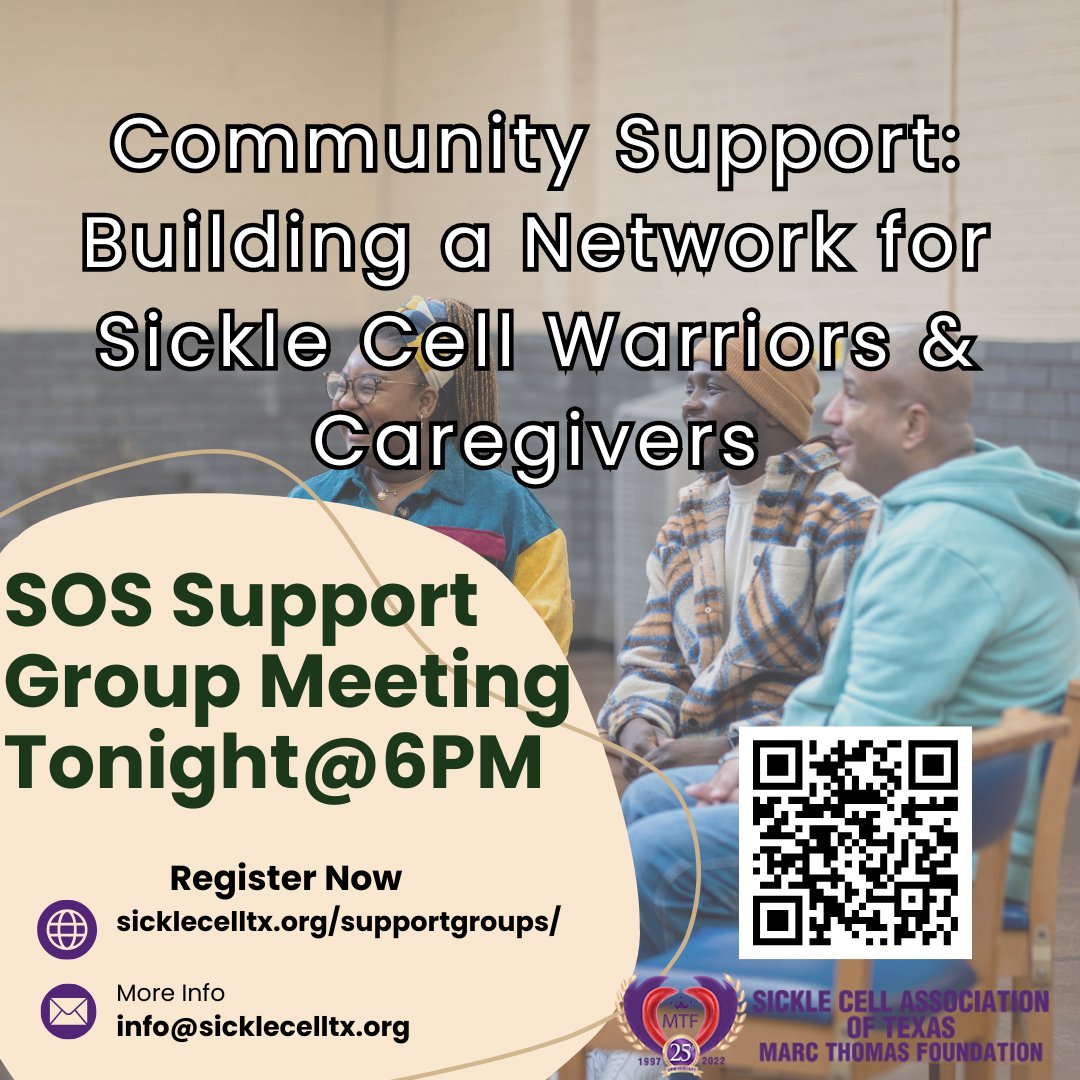 Sickle cell community you are invited to join us this evening for an open forum discussion, a recap of the month, and a chance to share your thoughts as we prepare for the upcoming holiday season! Register for link at sicklecelltx.org/supportgroups/