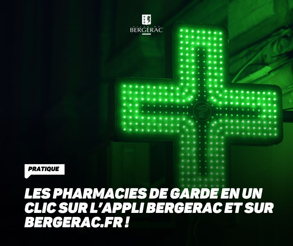 💊 À l'approche d'un long week-end, il est toujours utile de connaître les pharmacies de garde à #Bergerac !

📲 Pour cela, vous avez l'application Bergerac sur App Store et Play Store 😉

Sinon, rendez-vous sur notre site en cliquant ici 👉 bergerac.fr/pharmacies-de-…