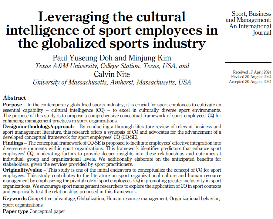 What is Cultural Intelligence (CQ), and how does it impact sport employees in today's globalized industry?

<a href="/PaulDoh7/">Paul Doh</a> <a href="/mkim55/">Dr. Minjung Kim (MK)</a> 

emerald.com/insight/conten…