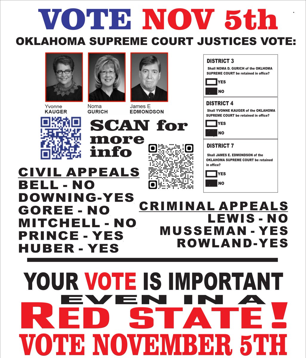 SarahV_OK's tweet photo. Need help knowing how to vote on judges or state questions in Oklahoma? Here you go!!! 🇺🇸
💙🆗️💙
#okelections #oklahomajudges
#statequestions  #Oklahoma https://t.co/Hm52WOuJBx