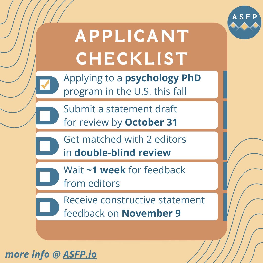 The applicant portal is OPEN! 

Applicants, here's what to expect after you submit your statement drafts. ✅

Remember to submit at asfp.io/applicants/sub… by Oct. 31!

Please share and repost!