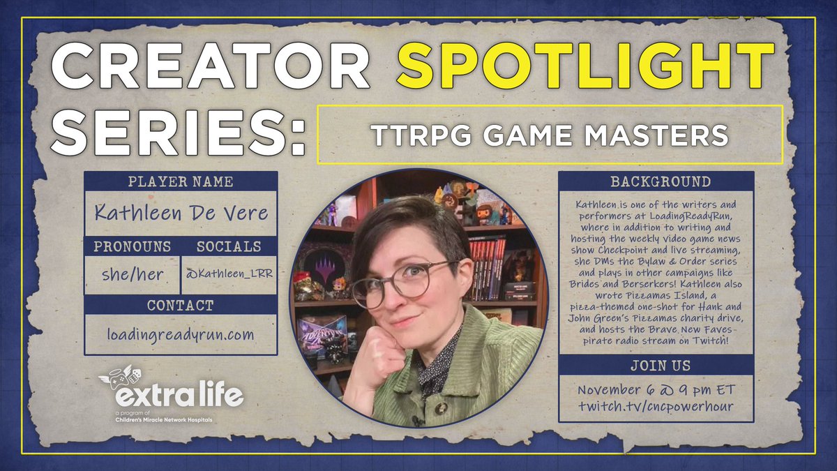 C&C Power Hour (@cncpowerhour) on Twitter photo Our next panelist is <a href="/Kathleen_LRR/">Kathleen De Vere</a>! From journalism to comic strips to Game Knights Live Champion, there are few things Kathleen can't do. She's written the Pizzamas one-shot, has DMd live on the Desert Bus For Hope charity stream, and occasionally runs one-shots at MagicCons! Our next panelist is <a href="/Kathleen_LRR/">Kathleen De Vere</a>! From journalism to comic strips to Game Knights Live Champion, there are few things Kathleen can't do. She's written the Pizzamas one-shot, has DMd live on the Desert Bus For Hope charity stream, and occasionally runs one-shots at MagicCons!