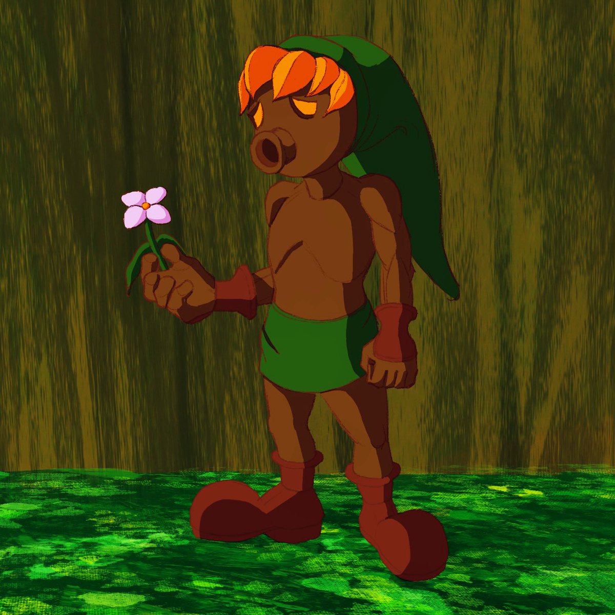 ThatSpriteGuy's tweet photo. Linktober Day 29: Deku 
For most prompts, I try to find reference poses that are dynamic and fit the character; for this one, I found the almost solemn look of Deku Link looking at the flower to be fitting and dynamic enough on its own!
#Linktober #Linktober2024 #MajorasMask https://t.co/JOAC859AuL