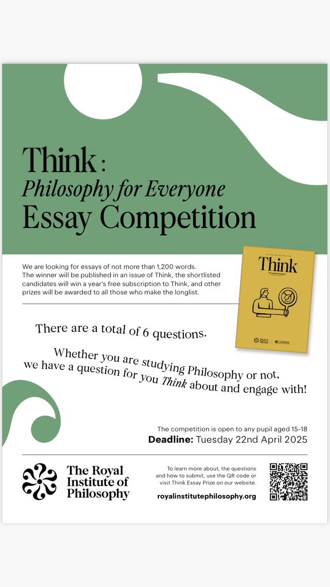 The Thinker Community Interest Company (@thethinkerhub) on Twitter photo This year’s <a href="/RIPhilo/">The Royal Institute of Philosophy</a> THINK Essay Competition for 15-18yr olds has launched. Submissions in by 22nd April. This year’s <a href="/RIPhilo/">The Royal Institute of Philosophy</a> THINK Essay Competition for 15-18yr olds has launched. Submissions in by 22nd April.
