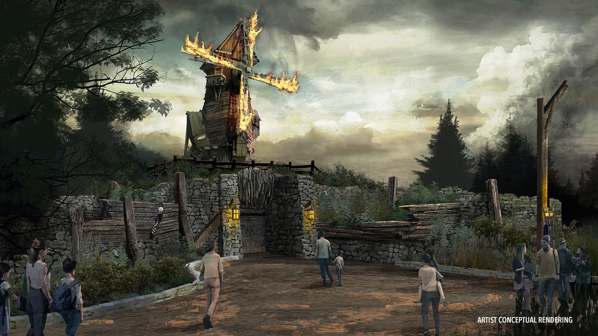 OrlandoInformer's tweet photo. JUST REVEALED: before the windmill at Dark Universe’s The Burning Blade Tavern ignites, the Darkmoor bell tower will ring, signaling monsters and kicking off a brief 90-second preshow prior to the fiery explosion! 🔥 https://t.co/KnNfKYJOdP