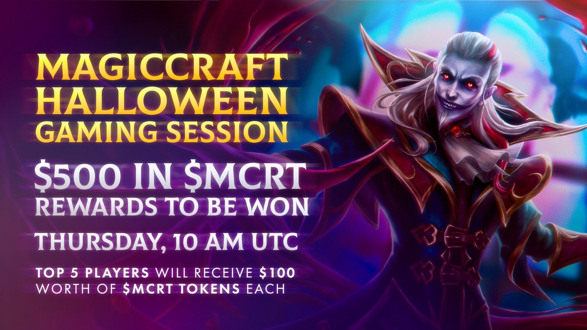 MagicCraftGame's tweet photo. MagicCraft Halloween Gaming Session on Thursday, 10 AM UTC!! 🎃

$500 in $MCRT rewards to be won! 🤑

Join us for a special Halloween-themed gaming session! 👻 

We'll be playing alongside our top 5 players for a thrilling hour of intense gameplay, spooky surprises, and rewards.

🎁 Top 5 Players will receive $100 worth of $MCRT tokens each!

📍 Join our Livestream on Twitter & YouTube this Thursday, October 31st, 10AM UTC!