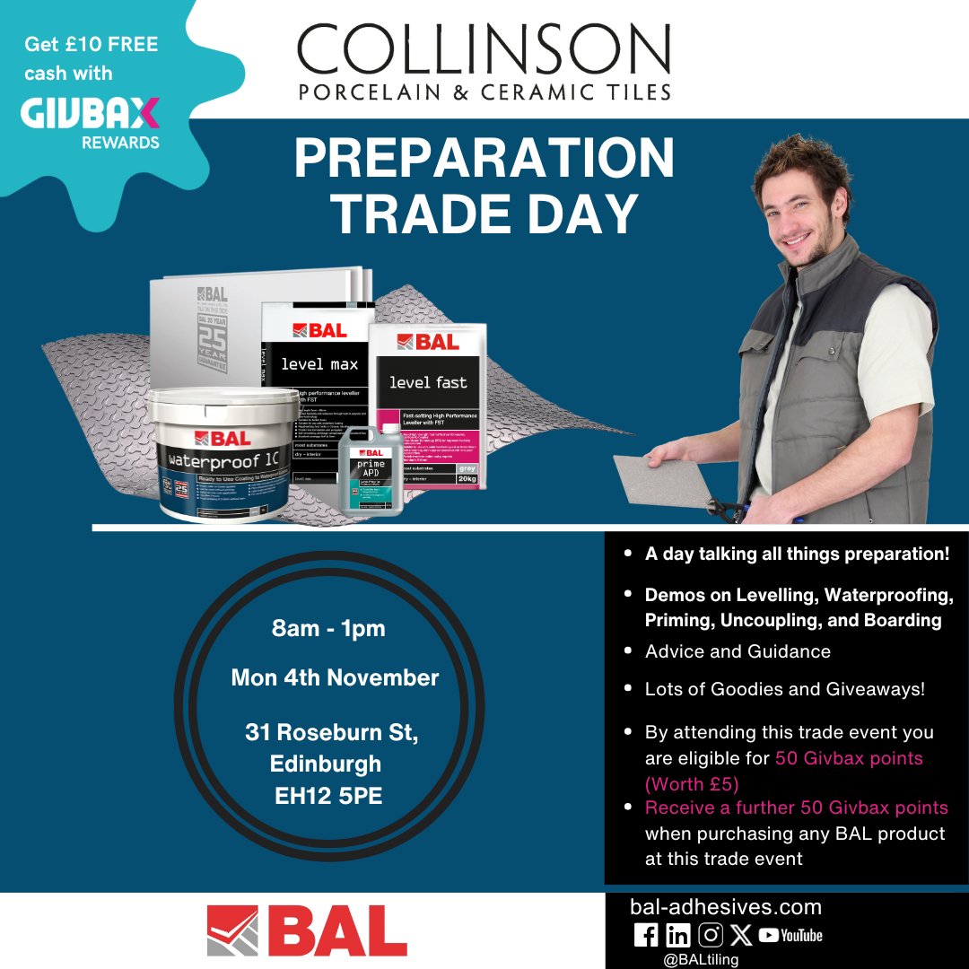 BALtiling's tweet image. Get the low-down on correct preparation before tiling, and find out about all BAL&apos;s preparation solutions at a special trade event @CollinsonCeramics in #Edinburgh on Monday 4th November from 8am to 1pm!

#TilingTraining #EdinburghEvents #Preparation  #Tiling #Tiles #Collinson